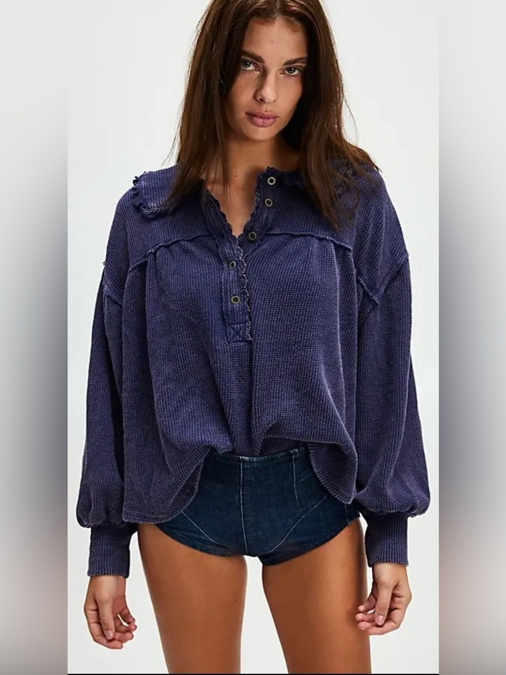 We The Free Queen Of Hearts Top Women Blue Waffle Knit Oversized Size XS Ruffle